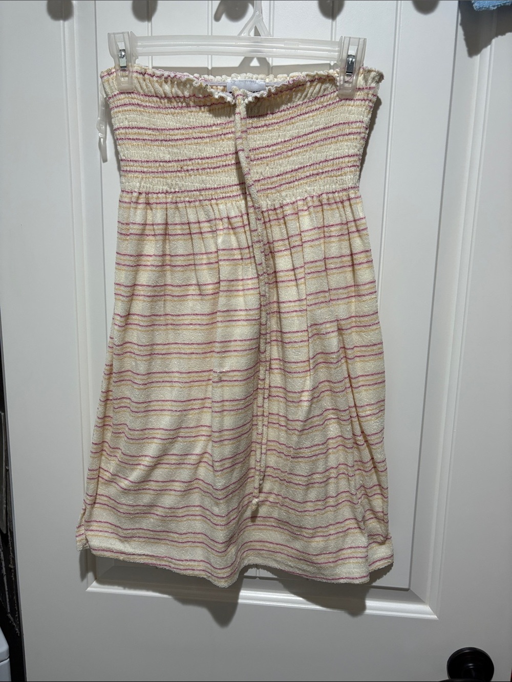 raya sun Strapless Smocked Coverup in Cream with Pink Stripes